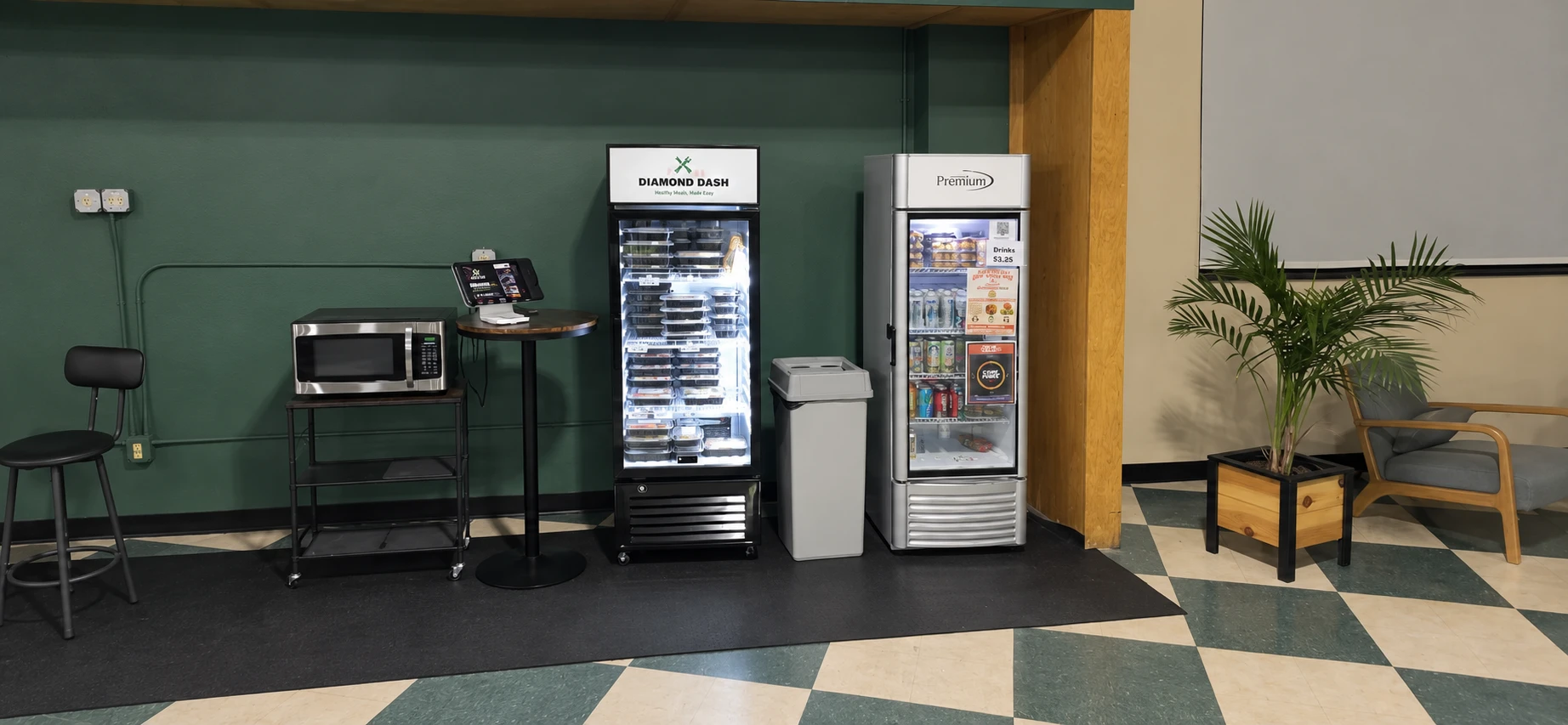 Diamond Dash meal fridge and protein drink fridge at Paradise Fitness